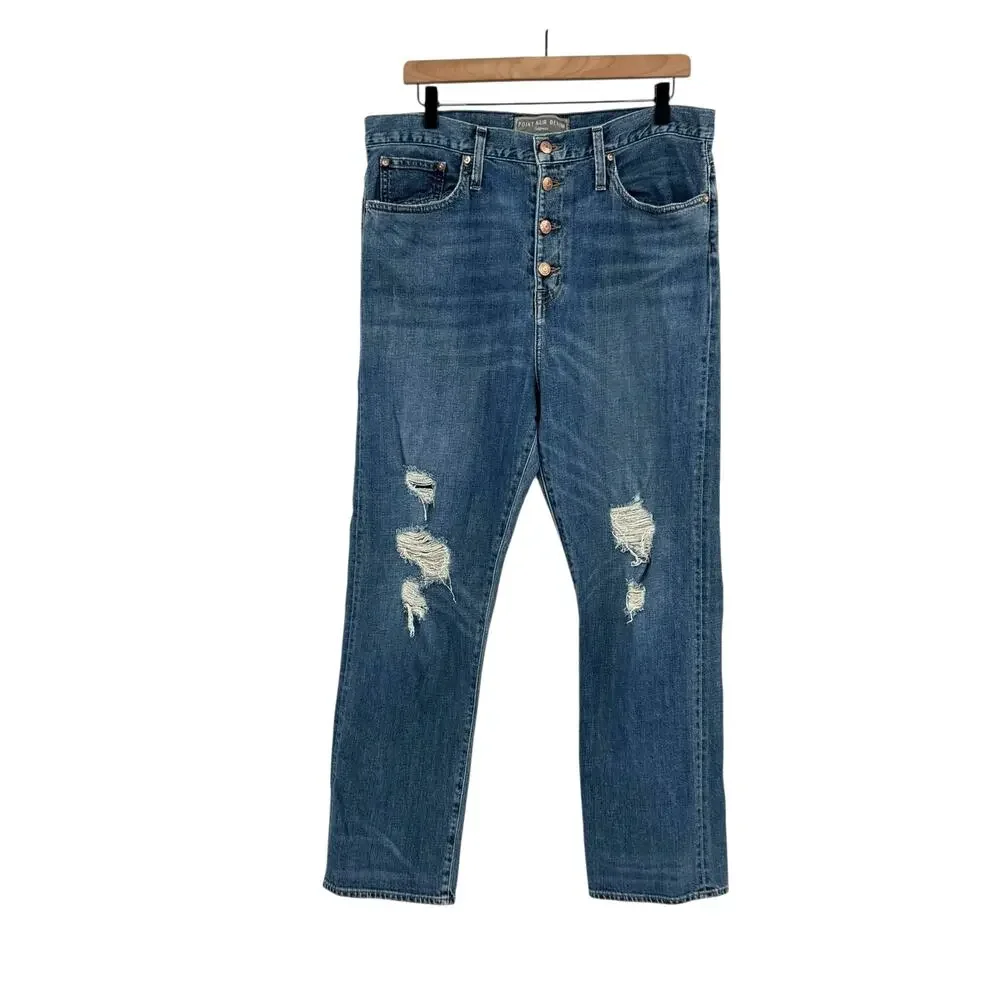 Point Sur J. Crew Distressed Exposed Button Fly Medium Wash High Rise Jeans